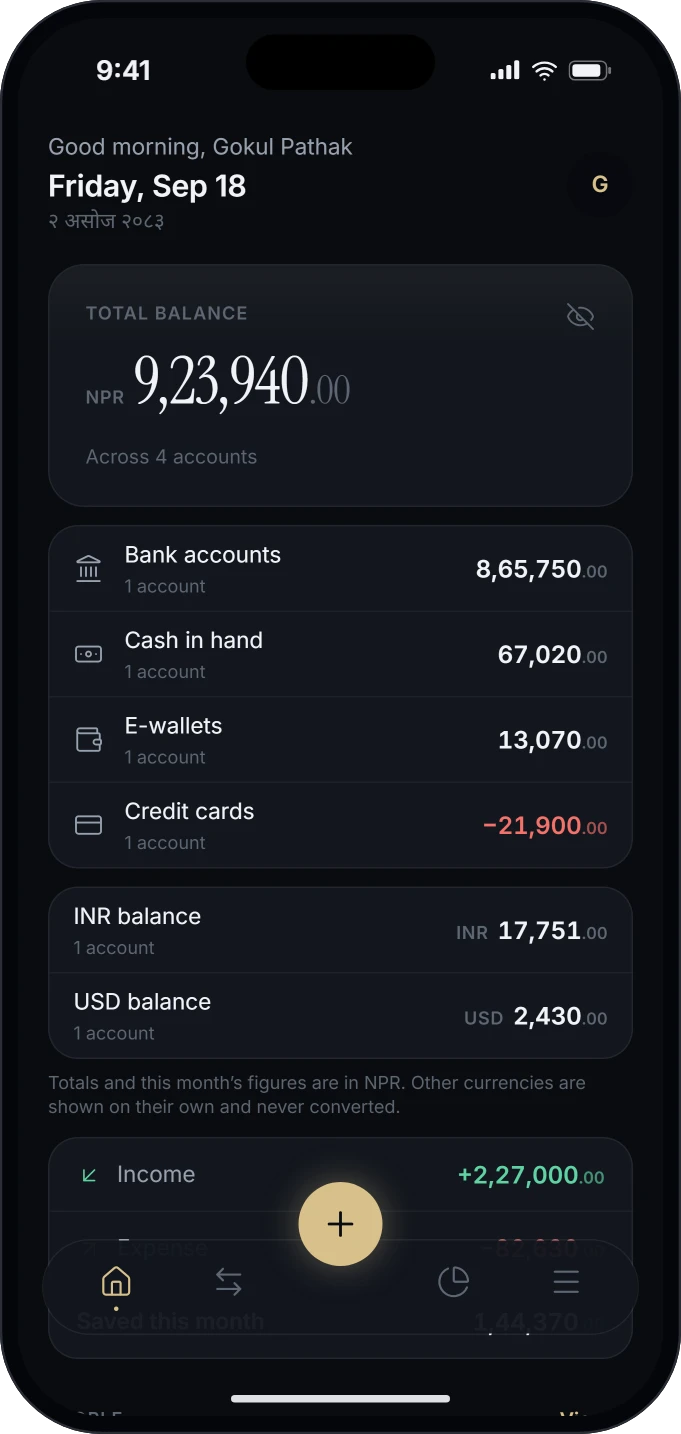 Private Vault home screen in the dark theme, greeting Gokul Pathak, with a total balance of NPR 9,23,940 and separate INR and USD balances