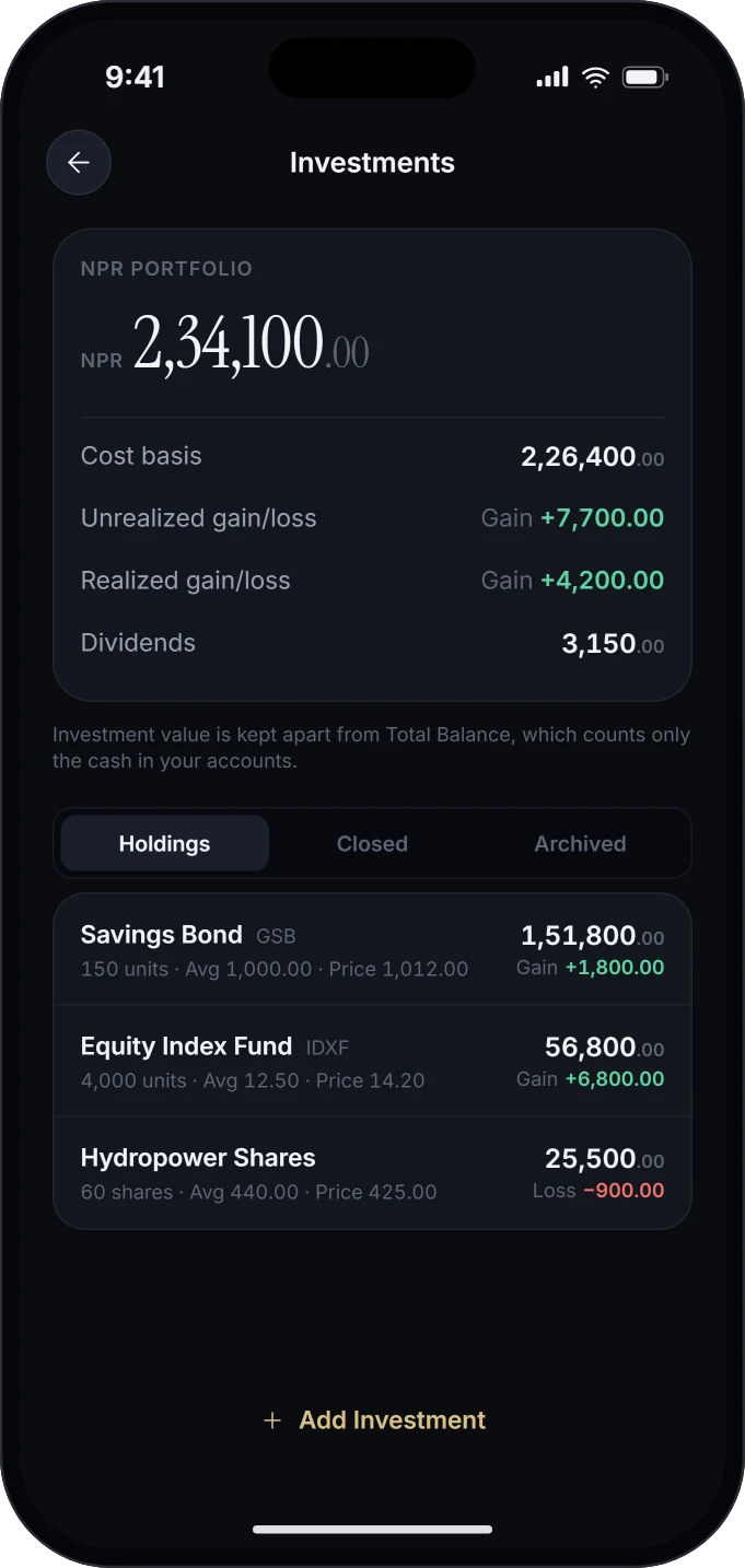 Investments screen with an NPR portfolio worth 2,34,100 and its holdings