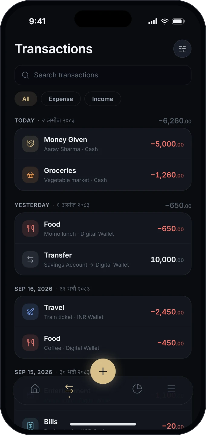 Transactions list grouped by day with Nepali calendar dates